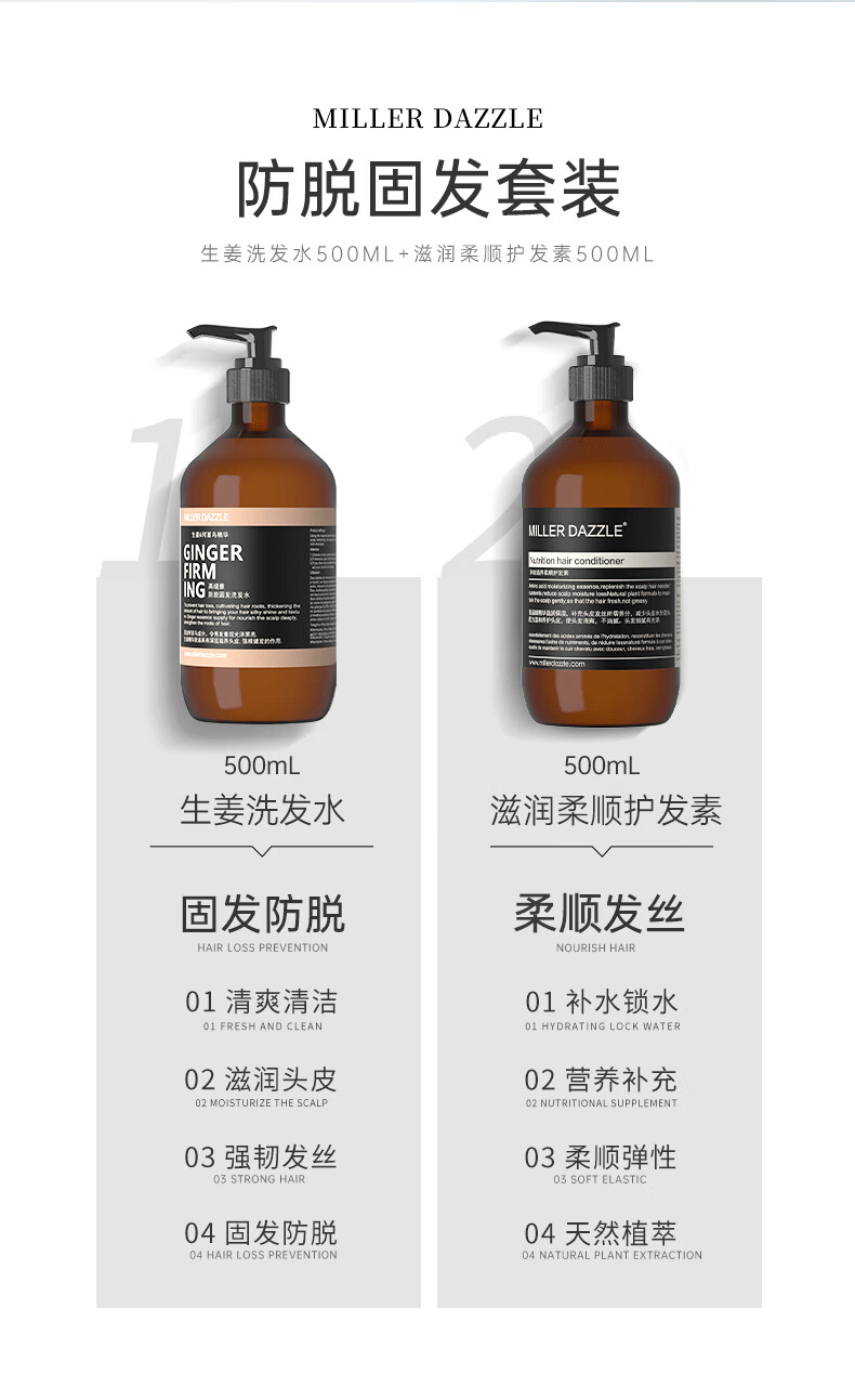 MILLERDAZZLE 防脫固發(fā)套裝   生姜洗發(fā)水500ML+滋潤柔順護(hù)發(fā)素500ML      生姜洗發(fā)水 500mL   天然成分 無硅油   固發(fā)防脫 柔順發(fā)絲   01 清爽清潔   02 滋潤頭皮   03 強(qiáng)韌發(fā)絲   04 固發(fā)防脫      滋潤柔順護(hù)發(fā)素 500mL   天然成分 無硅油   滋養(yǎng)柔順 天然植萃   01 補(bǔ)水鎖水   02 營養(yǎng)補(bǔ)充   03 柔順彈性  